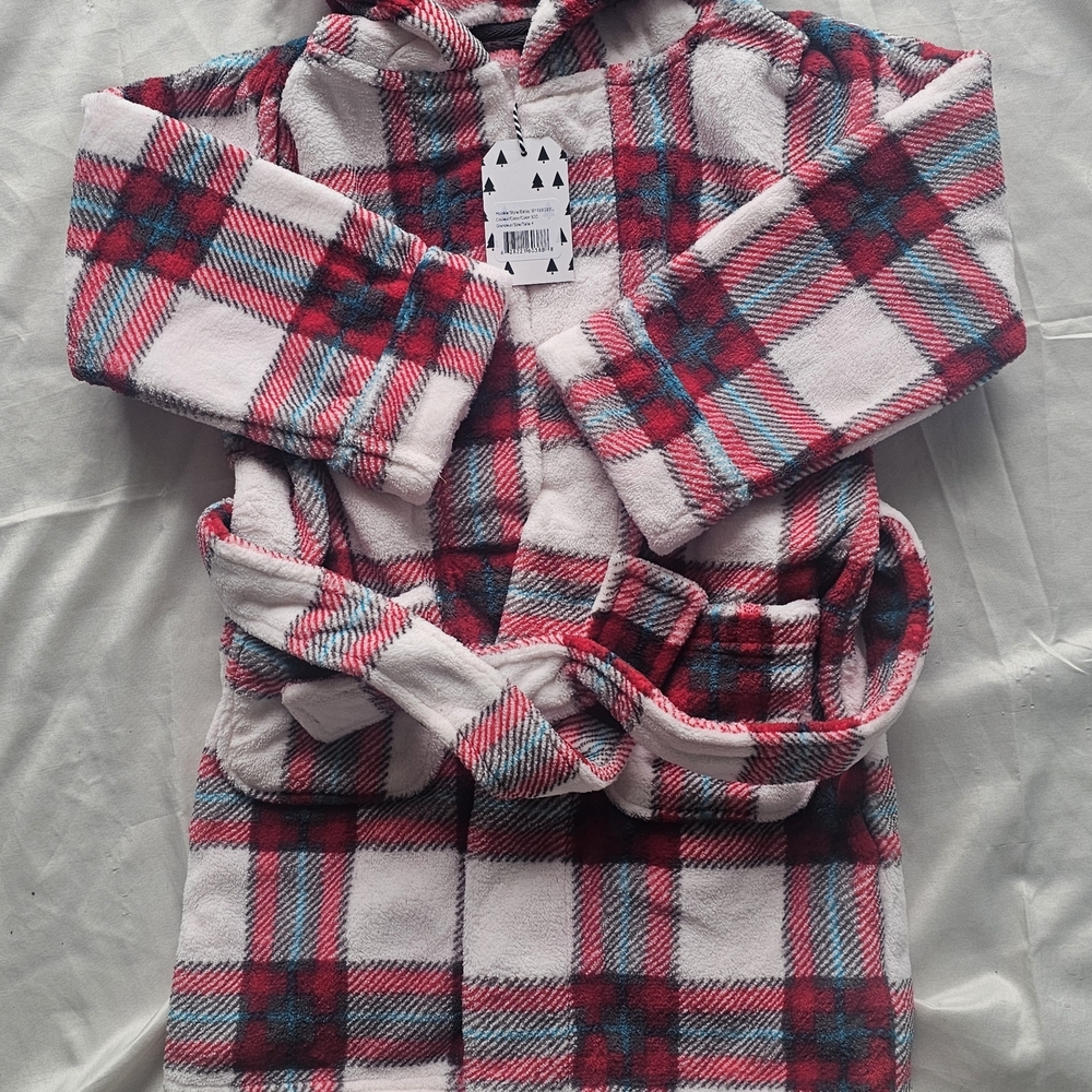 Plaid Holiday Christmas Morning Hooded Robe with Belt & Pockets NWTS Sz 4